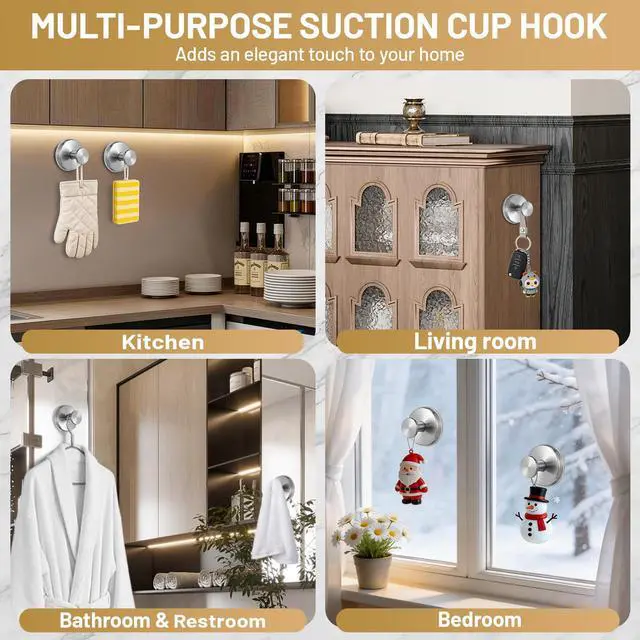 Alt view image 4 of 7 - Large Suction Cup Hooks, Heavy Duty 15lb Holds Towel & Robe, No-Drill Shower Bathroom Hooks for Tile Wall Glass Mirror, Mounts on Smooth Non-Porous Surfaces (2 Pack, Brushed Nickel)