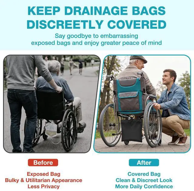 Alt view image 2 of 7 - 2PCS Drainage Bag Holder for Wheelchair w/Hook & Loop Closure, Waterproof