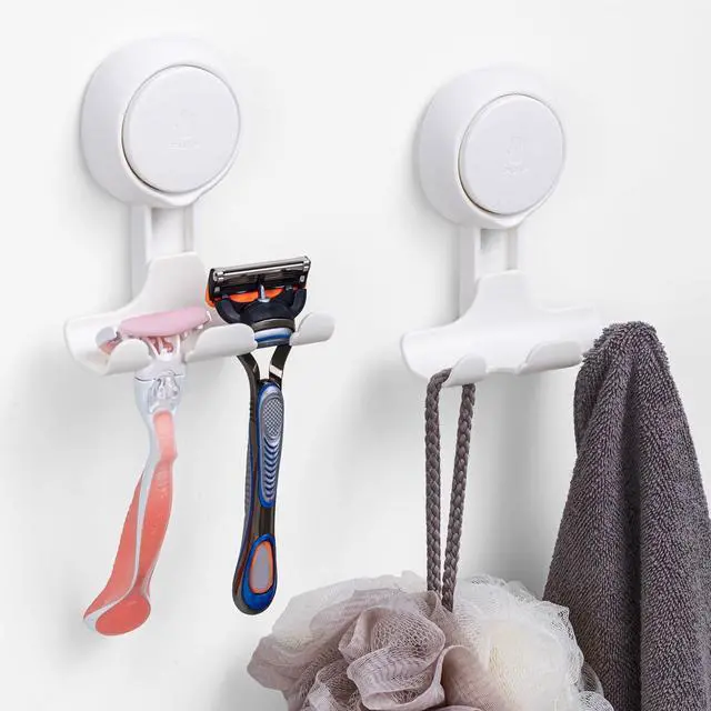 Main image of Razor Holder for Shower 2 Pack, Powerful Suction Cup Shower Hooks for Towel, Loofah, Razor, Squeegee, Damage-Free Wall Hooks, Shaver Holder for Bathroom, Easy to Install and Reuse, White