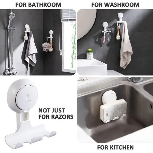 Alt view image 5 of 7 - Razor Holder for Shower 2 Pack, Powerful Suction Cup Shower Hooks for Towel, Loofah, Razor, Squeegee, Damage-Free Wall Hooks, Shaver Holder for Bathroom, Easy to Install and Reuse, White