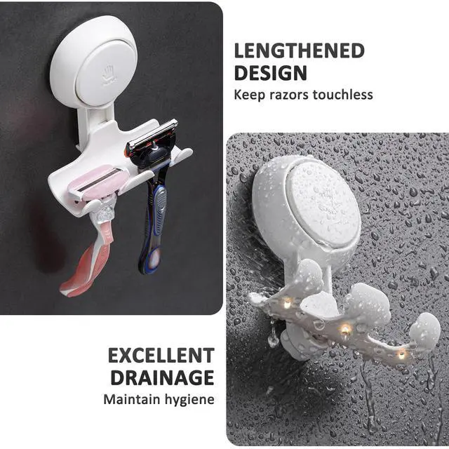 Alt view image 4 of 7 - Razor Holder for Shower 2 Pack, Powerful Suction Cup Shower Hooks for Towel, Loofah, Razor, Squeegee, Damage-Free Wall Hooks, Shaver Holder for Bathroom, Easy to Install and Reuse, White