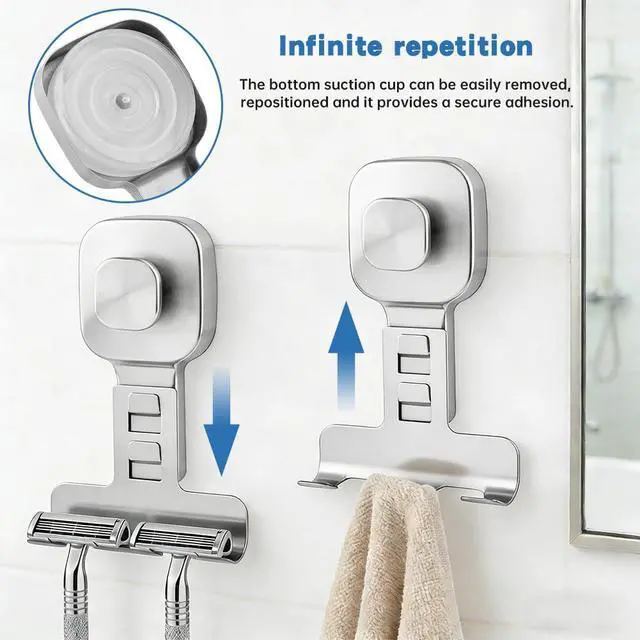 Alt view image 3 of 7 - Suction Cup Razor Holder for Shower Wall 2 Pack Heavy-Duty 15lbs Suction Hooks for Razor, Towel, Phone, Loofah Removable Damage-Free Metal Shower Hook, Shaver Holder