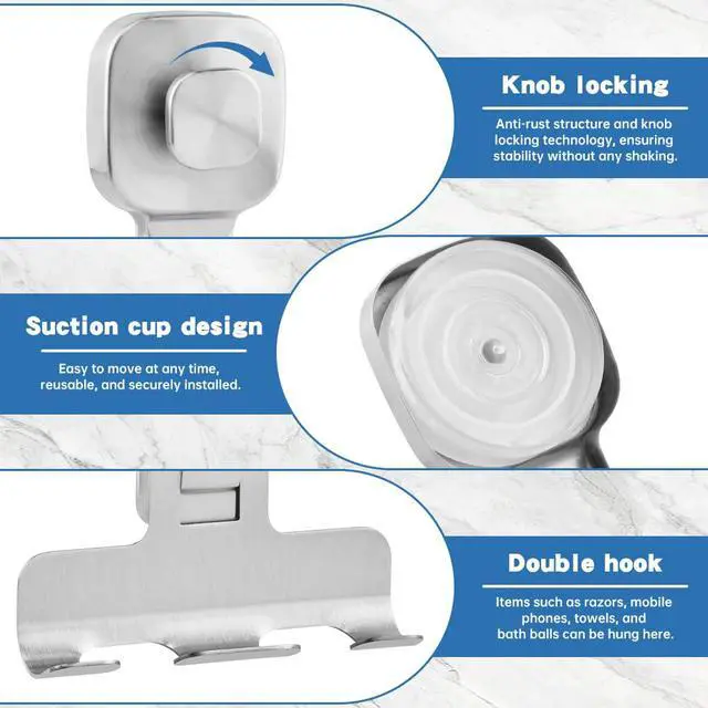 Alt view image 4 of 7 - Suction Cup Razor Holder for Shower Wall 2 Pack Heavy-Duty 15lbs Suction Hooks for Razor, Towel, Phone, Loofah Removable Damage-Free Metal Shower Hook, Shaver Holder