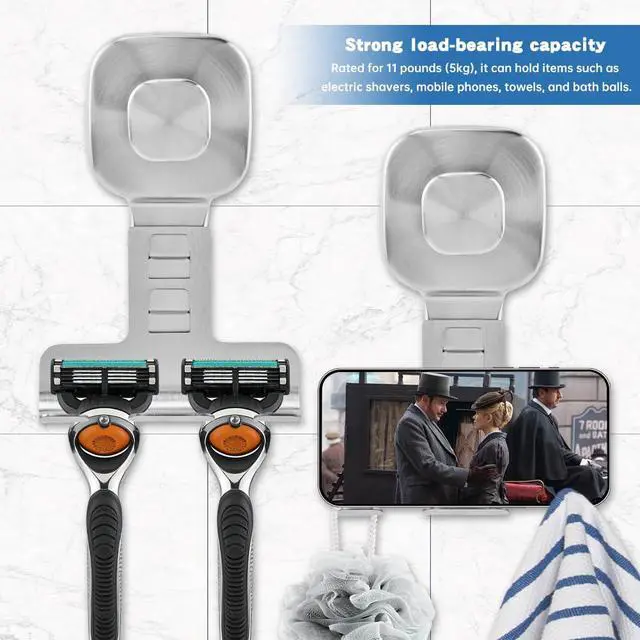 Alt view image 6 of 7 - Suction Cup Razor Holder for Shower Wall 2 Pack Heavy-Duty 15lbs Suction Hooks for Razor, Towel, Phone, Loofah Removable Damage-Free Metal Shower Hook, Shaver Holder