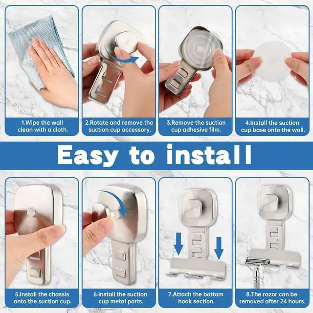 Alt view image 5 of 7 - Suction Cup Razor Holder for Shower Wall 2 Pack Heavy-Duty 15lbs Suction Hooks for Razor, Towel, Phone, Loofah Removable Damage-Free Metal Shower Hook, Shaver Holder