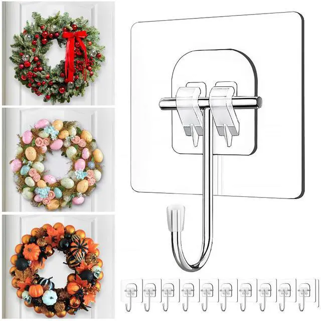 Main image of Heavy-Duty Wreath Hangers for Front Door Seasonal Christmas & Halloween Decorations, Over-The-Door Hooks Organizer, Clear Adhesive Hooks