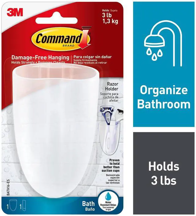 Alt view image 2 of 7 - Bath Razor Holder, Clear Frosted, 1-Holder, 1- Water-Resistant Strip, Organize Damage-Free
