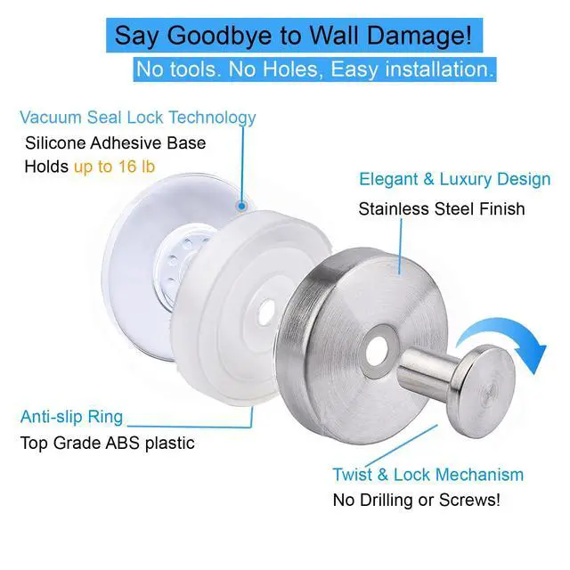 Alt view image 4 of 7 - Suction Cup Shower Hooks, Towel Hooks for Bathroom Kitchen Door Wall Glass Window Mirror Tile, Bath Robe Looafh Hook, Waterproof,Reusable & Removable, No Drill,Stainless Steel Hooks