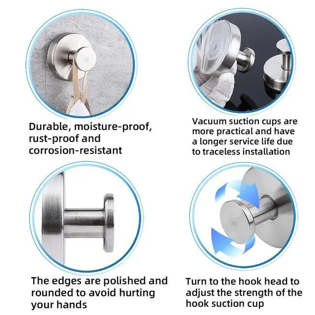 Alt view image 3 of 7 - Suction Cup Shower Hooks, Towel Hooks for Bathroom Kitchen Door Wall Glass Window Mirror Tile, Bath Robe Looafh Hook, Waterproof,Reusable & Removable, No Drill,Stainless Steel Hooks