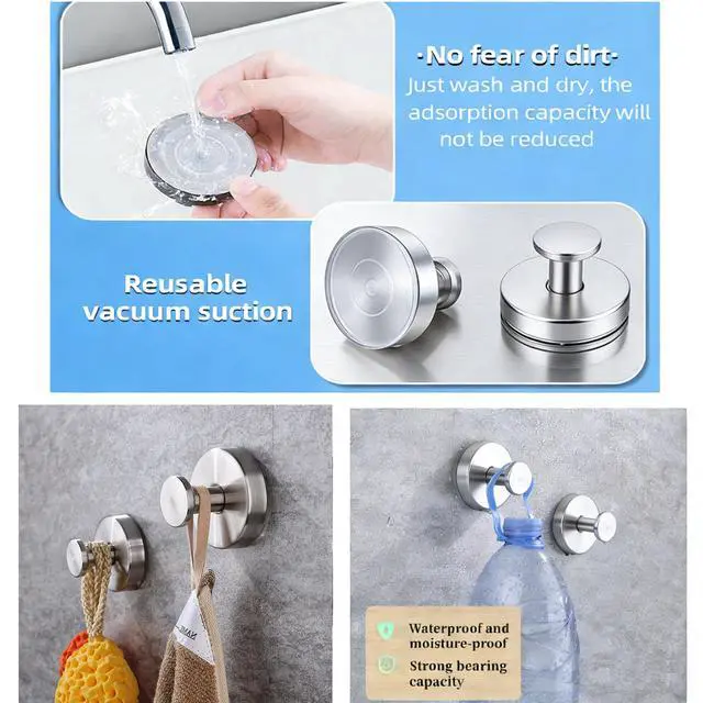 Alt view image 2 of 7 - Suction Cup Shower Hooks, Towel Hooks for Bathroom Kitchen Door Wall Glass Window Mirror Tile, Bath Robe Looafh Hook, Waterproof,Reusable & Removable, No Drill,Stainless Steel Hooks