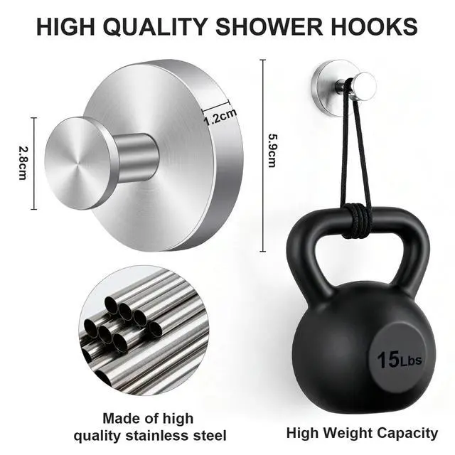 Alt view image 3 of 7 - Suction Cup Hooks for Shower Stainless Steel Suction Wreath Hanger for Glass Door No-Drill Removable and Reusable Suction Cup Hook for Loofah, Towel, Bathrobe, Holds Up to 15 Lbs - 2Pack, Silver