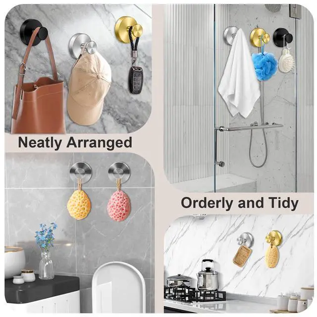 Alt view image 5 of 7 - Suction Cup Hooks for Shower Stainless Steel Suction Wreath Hanger for Glass Door No-Drill Removable and Reusable Suction Cup Hook for Loofah, Towel, Bathrobe, Holds Up to 15 Lbs - 2Pack, Silver