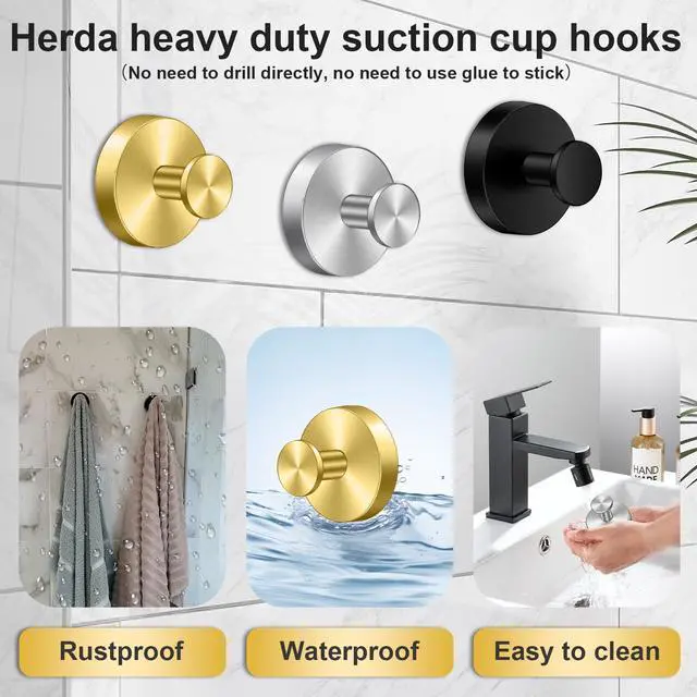Alt view image 4 of 7 - Suction Cup Hooks for Shower Stainless Steel Suction Wreath Hanger for Glass Door No-Drill Removable and Reusable Suction Cup Hook for Loofah, Towel, Bathrobe, Holds Up to 15 Lbs - 2Pack, Silver