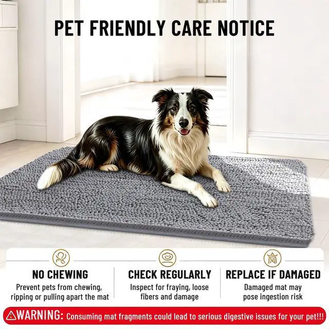 Alt view image 6 of 7 - Dog Door Mat for Muddy Paws 30x20, Absorbent Dirt Trapper, Non-Slip Washable Chenille Entryway Rug for Inside Floor, Grey, Classic Solid