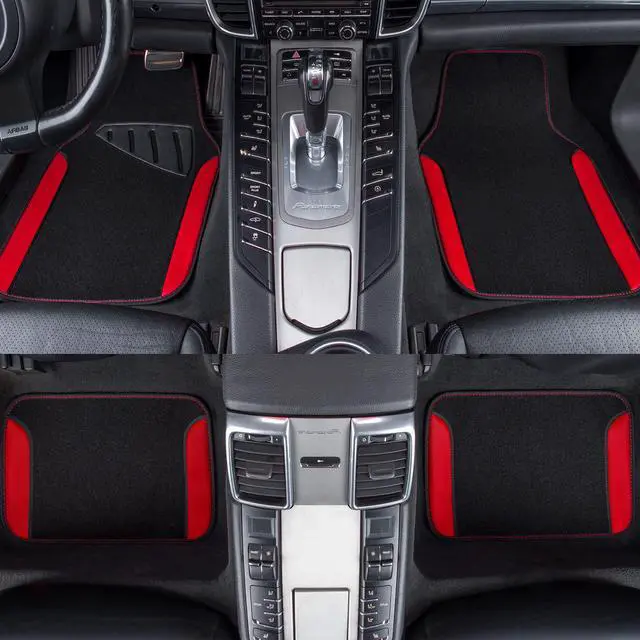 Alt view image 3 of 7 - Rainbow Waterproof Universal Fit Faux Leather Car Carpet- Anti-Slip Nibbed Backing Floor Mats for SUV, Vans,Sedans,Trucks, Automotive Set of 4 for Women (Black with Red)