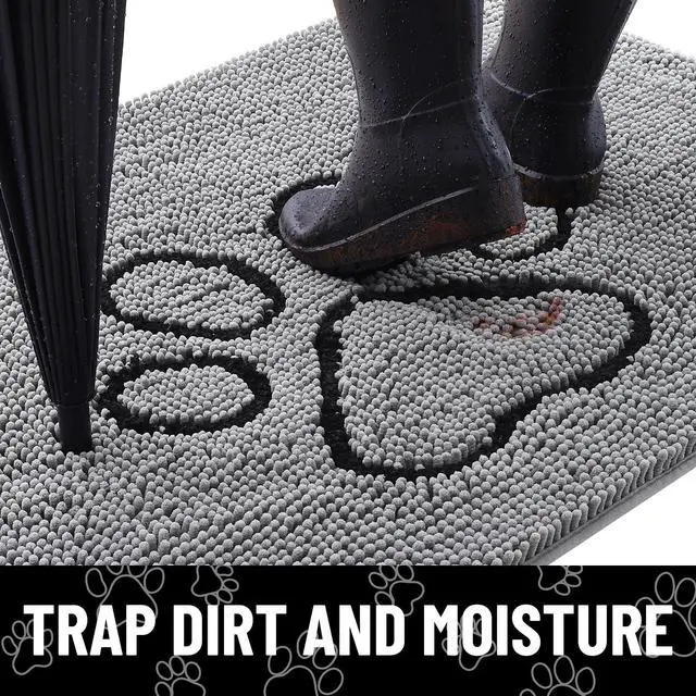 Alt view image 2 of 7 - Dog Door Mat for Muddy Paws, Absorbent Dirt Trapper Non Slip Quick Dry Washable Chenille Mat for Mud Dogs, Entry Rug for Indoor and Outdoor (30x20 Inches, Grey and Black)