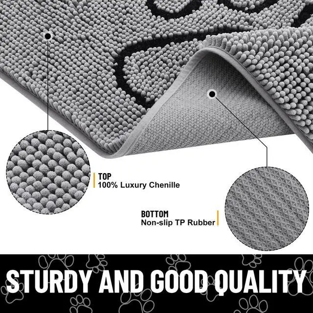 Alt view image 3 of 7 - Dog Door Mat for Muddy Paws, Absorbent Dirt Trapper Non Slip Quick Dry Washable Chenille Mat for Mud Dogs, Entry Rug for Indoor and Outdoor (30x20 Inches, Grey and Black)