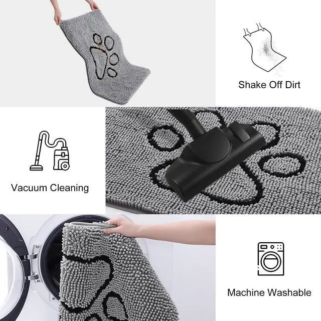 Alt view image 6 of 7 - Dog Door Mat for Muddy Paws, Absorbent Dirt Trapper Non Slip Quick Dry Washable Chenille Mat for Mud Dogs, Entry Rug for Indoor and Outdoor (30x20 Inches, Grey and Black)