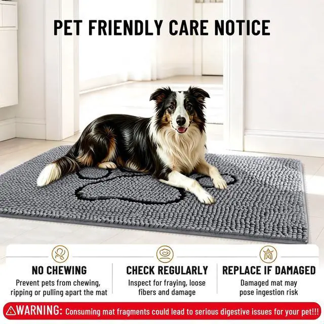 Alt view image 7 of 7 - Dog Door Mat for Muddy Paws, Absorbent Dirt Trapper Non Slip Quick Dry Washable Chenille Mat for Mud Dogs, Entry Rug for Indoor and Outdoor (30x20 Inches, Grey and Black)