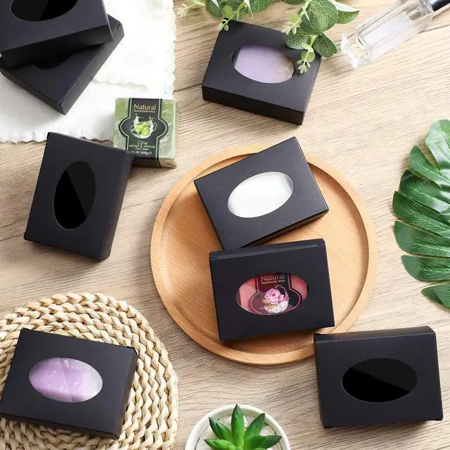 Alt view image 6 of 7 - 30 Pcs Soap Boxes for Homemade Soaps 3.8 x 2.8 x 1.2 Inch Rectangle Soap Boxes with Window Small Gift Wrapping Box for Soaps Packaging Bakery Cookies Candy Party Favor Supplies(Black)