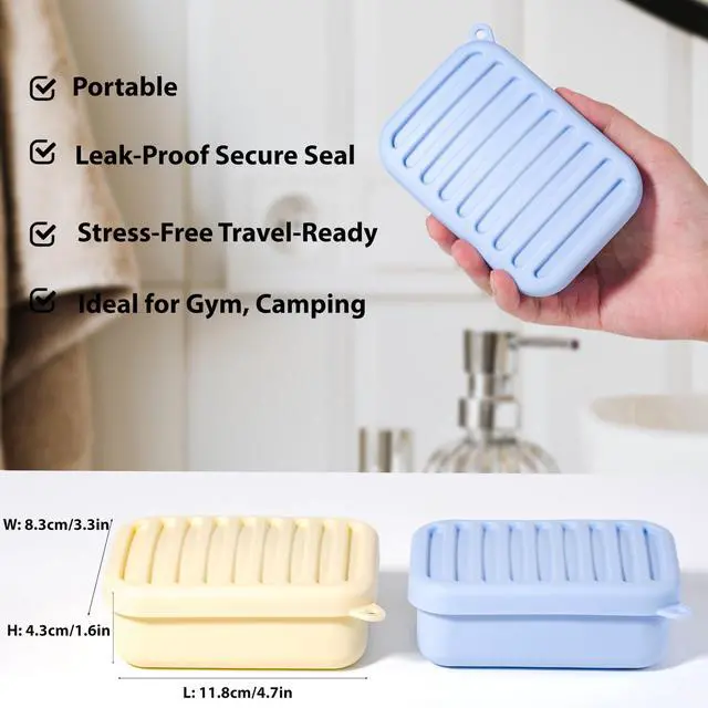 Alt view image 5 of 7 - 2PC Portable Leakproof Travel Soap Case, Silicone Travel Soap Case, Compact Soap Holder with Drainage Layer, Travel Soap Holder for Camping, Gym, Outdoor (Blue&Yellow)