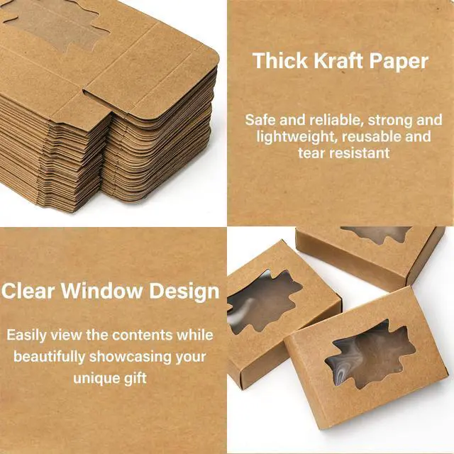 Alt view image 3 of 7 - 100 Pack Soap Boxes with Window, Kraft Paper Treat Cookies Boxes, Rectangle Small Soap Gift Wrappers Packaging Box, Soap Making Supplies for Bakery, Chocolate, Sweet, Jewelry Display