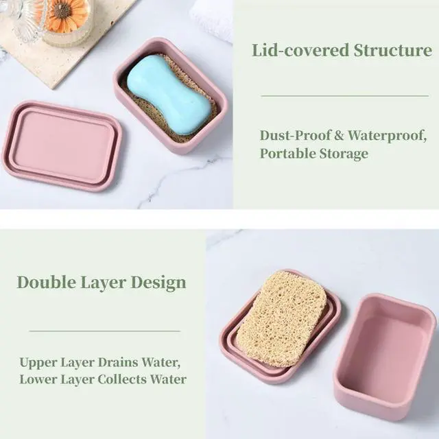 Alt view image 5 of 6 - Leakproof Travel Soap Case, Silicone Soap Box with Draining Layer, Compact Bar Soap Container, Suitable for Camping, Gym, Bathroom, Outdoor Essentials (Pink)