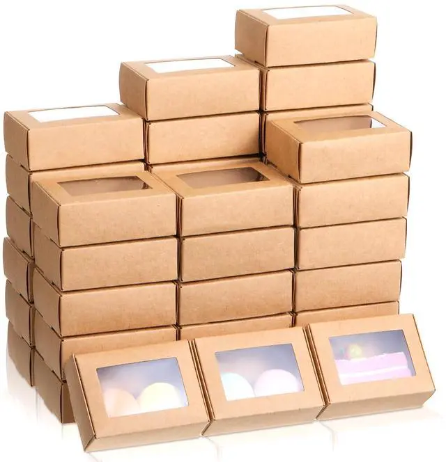 Main image of 100 Pcs Soap Boxes for Homemade Soap, 3.35 x 2.36 x 1.18 Inch Brown Rectangular Paper Soaps Packaging Boxes Small Multifunctional Treat Box with Window for Soaps, Bakery, Candy, Party Treats