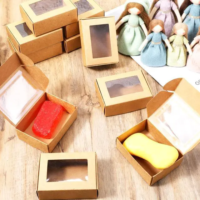 Alt view image 3 of 7 - 100 Pcs Soap Boxes for Homemade Soap, 3.35 x 2.36 x 1.18 Inch Brown Rectangular Paper Soaps Packaging Boxes Small Multifunctional Treat Box with Window for Soaps, Bakery, Candy, Party Treats