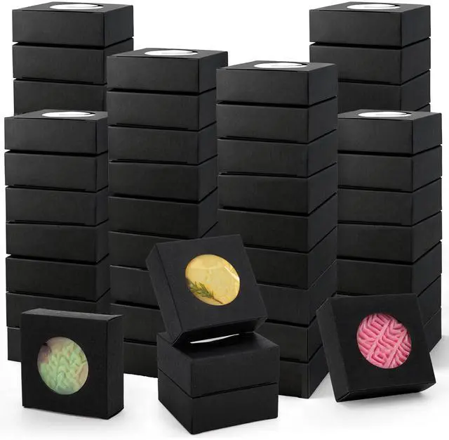 Main image of 100 Pcs Soap Boxes for Homemade, 3 x 3 x 1.2 Inch Small Kraft Paper Soap Packaging Boxes, Mini Treat Box with Window, Square Gift Wrapping Box for Candy Jewelry Display, Black