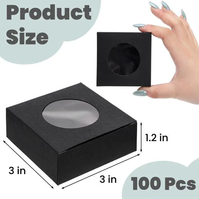 Alt view image 2 of 7 - 100 Pcs Soap Boxes for Homemade, 3 x 3 x 1.2 Inch Small Kraft Paper Soap Packaging Boxes, Mini Treat Box with Window, Square Gift Wrapping Box for Candy Jewelry Display, Black