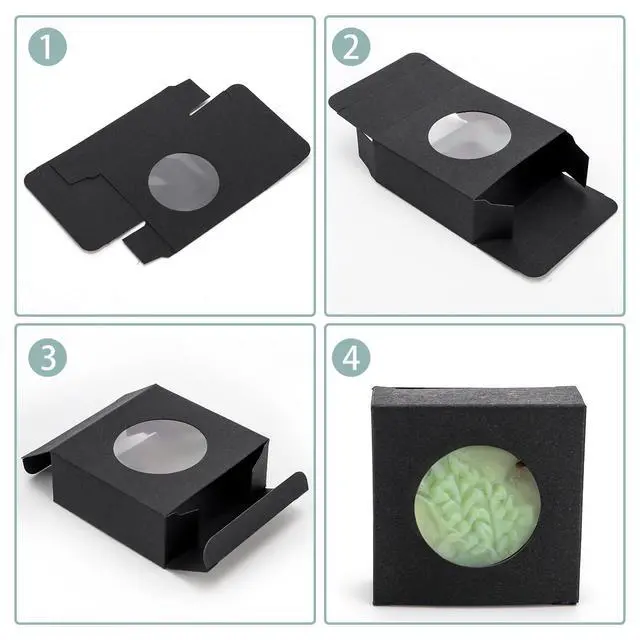 Alt view image 3 of 7 - 100 Pcs Soap Boxes for Homemade, 3 x 3 x 1.2 Inch Small Kraft Paper Soap Packaging Boxes, Mini Treat Box with Window, Square Gift Wrapping Box for Candy Jewelry Display, Black