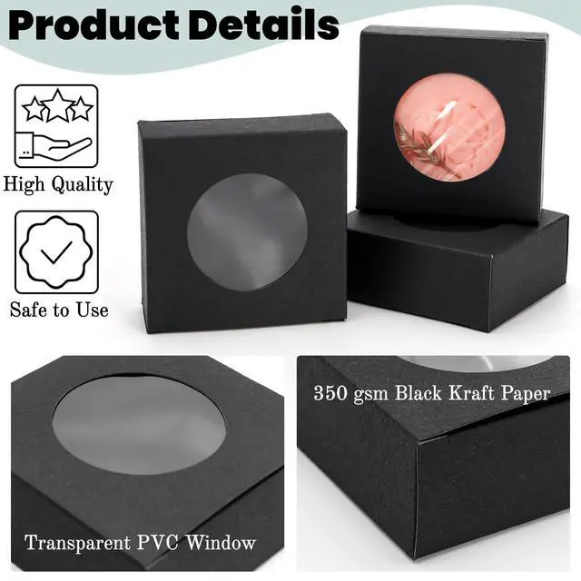 Alt view image 4 of 7 - 100 Pcs Soap Boxes for Homemade, 3 x 3 x 1.2 Inch Small Kraft Paper Soap Packaging Boxes, Mini Treat Box with Window, Square Gift Wrapping Box for Candy Jewelry Display, Black