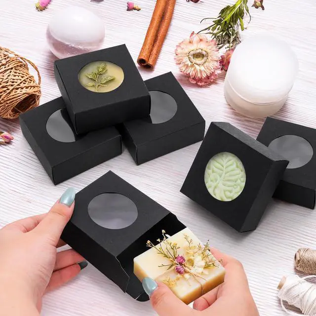 Alt view image 6 of 7 - 100 Pcs Soap Boxes for Homemade, 3 x 3 x 1.2 Inch Small Kraft Paper Soap Packaging Boxes, Mini Treat Box with Window, Square Gift Wrapping Box for Candy Jewelry Display, Black