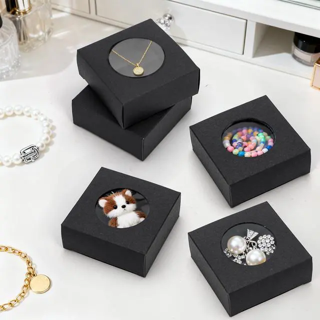 Alt view image 7 of 7 - 100 Pcs Soap Boxes for Homemade, 3 x 3 x 1.2 Inch Small Kraft Paper Soap Packaging Boxes, Mini Treat Box with Window, Square Gift Wrapping Box for Candy Jewelry Display, Black