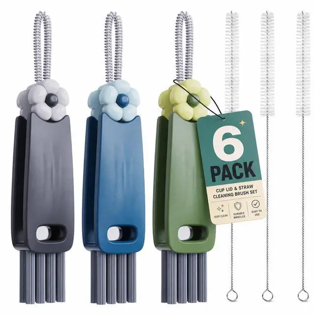 Main image of 6 Pack Cup Lid Cleaning Brush Set with 3 Straws, Multifunctional Bottle Brush, Cup Lid Gap Cleaner, Durable Bristle Crevice Cleaning Brush,Flat End Brushes