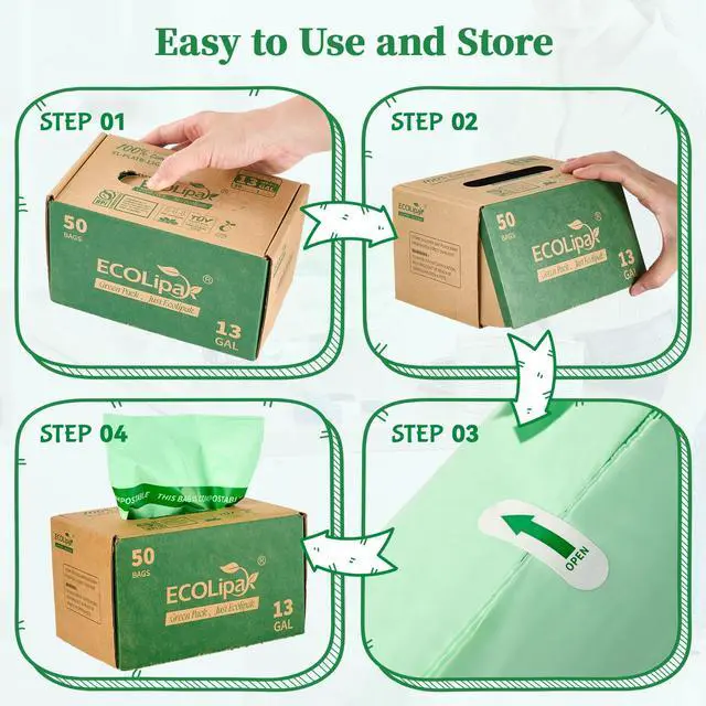 Alt view image 5 of 7 - 13 Gallon 50 Count Compostable Kitchen Trash Garbage Bags