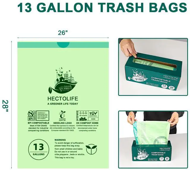 Alt view image 2 of 7 - 13 Gallon,50 Count Compostable Trash Bags with Home