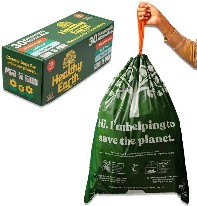 Main image of 13 Gallon Compostable Drawstring Trash Bags, 1.13 Mil Extra Thick Tall Kitchen Liners (49.2 L), Heavy Duty Leak-Proof Food Scrap Bags, BPI & TÜV OK Compost Certified, 30 Count