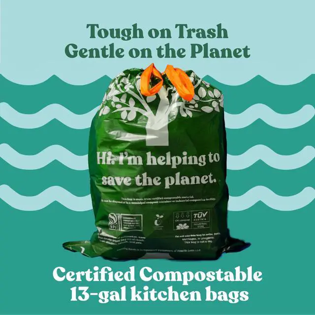 Alt view image 2 of 7 - 13 Gallon Compostable Drawstring Trash Bags, 1.13 Mil Extra Thick Tall Kitchen Liners (49.2 L), Heavy Duty Leak-Proof Food Scrap Bags, BPI & TÜV OK Compost Certified, 30 Count