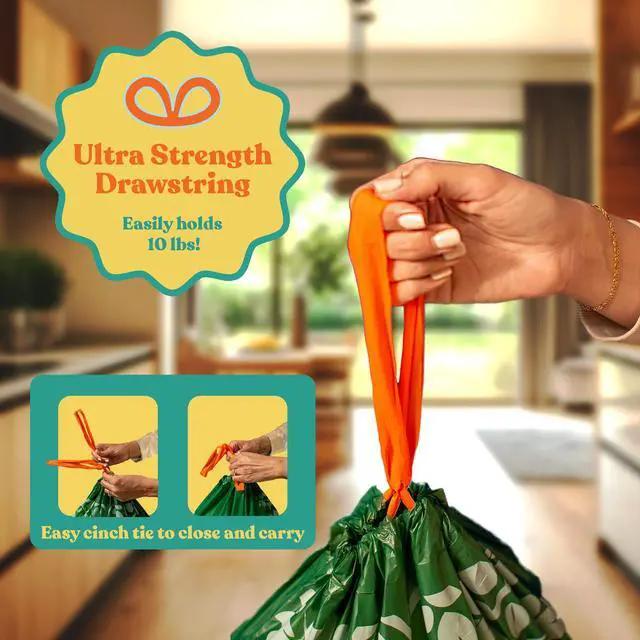 Alt view image 4 of 7 - 13 Gallon Compostable Drawstring Trash Bags, 1.13 Mil Extra Thick Tall Kitchen Liners (49.2 L), Heavy Duty Leak-Proof Food Scrap Bags, BPI & TÜV OK Compost Certified, 30 Count
