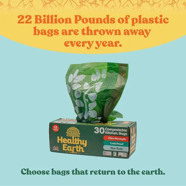 Alt view image 6 of 7 - 13 Gallon Compostable Drawstring Trash Bags, 1.13 Mil Extra Thick Tall Kitchen Liners (49.2 L), Heavy Duty Leak-Proof Food Scrap Bags, BPI & TÜV OK Compost Certified, 30 Count