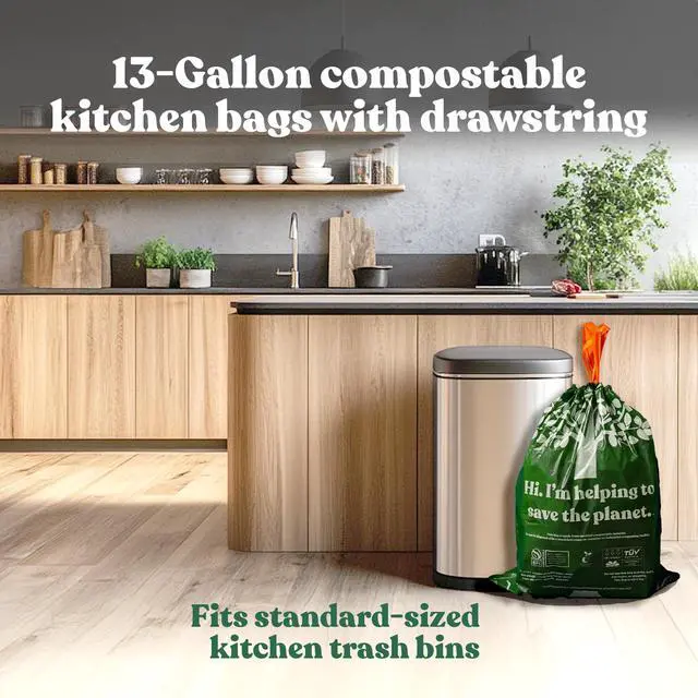 Alt view image 5 of 7 - 13 Gallon Compostable Drawstring Trash Bags, 1.13 Mil Extra Thick Tall Kitchen Liners (49.2 L), Heavy Duty Leak-Proof Food Scrap Bags, BPI & TÜV OK Compost Certified, 30 Count