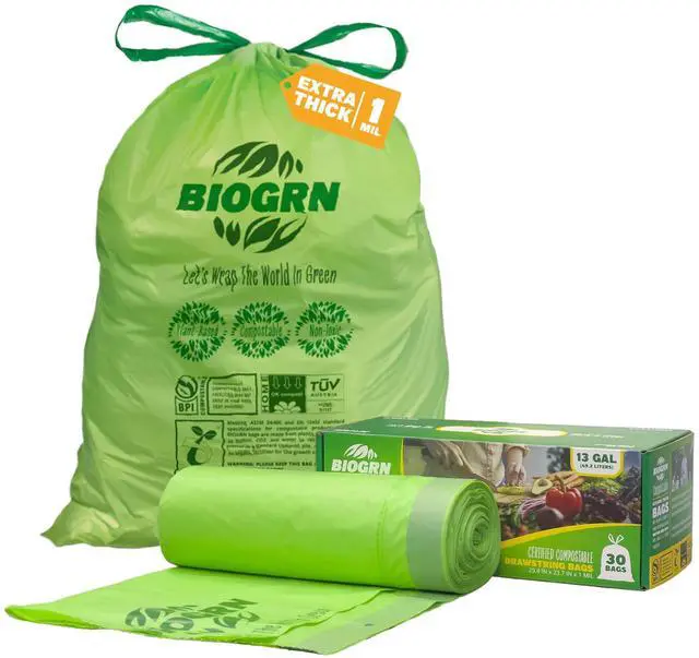 Main image of 10-13 Gallon Compostable Trash Bags Drawstring 30 Bags Heavy Duty Extra Thick 1 Mil 49.21 Liter Biodegradable Trash Bags Compost Bags Green for Kitchen ASTM D6400 US BPI and OK Compost Home Certified
