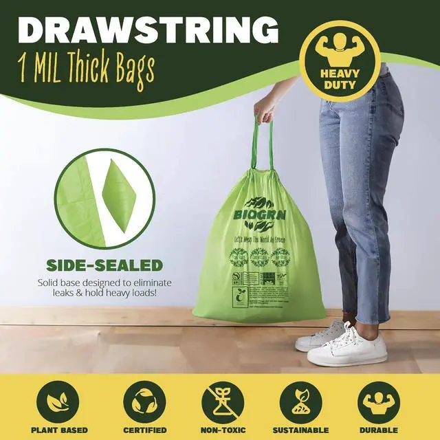 Alt view image 3 of 7 - 10-13 Gallon Compostable Trash Bags Drawstring 30 Bags Heavy Duty Extra Thick 1 Mil 49.21 Liter Biodegradable Trash Bags Compost Bags Green for Kitchen ASTM D6400 US BPI and OK Compost Home Certified