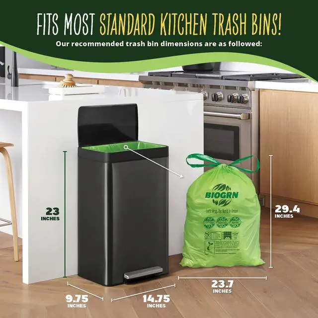 Alt view image 2 of 7 - 10-13 Gallon Compostable Trash Bags Drawstring 30 Bags Heavy Duty Extra Thick 1 Mil 49.21 Liter Biodegradable Trash Bags Compost Bags Green for Kitchen ASTM D6400 US BPI and OK Compost Home Certified