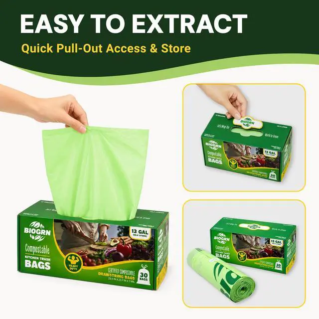 Alt view image 4 of 7 - 10-13 Gallon Compostable Trash Bags Drawstring 30 Bags Heavy Duty Extra Thick 1 Mil 49.21 Liter Biodegradable Trash Bags Compost Bags Green for Kitchen ASTM D6400 US BPI and OK Compost Home Certified