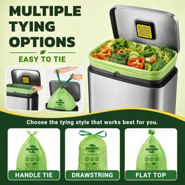 Alt view image 6 of 7 - 10-13 Gallon Compostable Trash Bags Drawstring 30 Bags Heavy Duty Extra Thick 1 Mil 49.21 Liter Biodegradable Trash Bags Compost Bags Green for Kitchen ASTM D6400 US BPI and OK Compost Home Certified