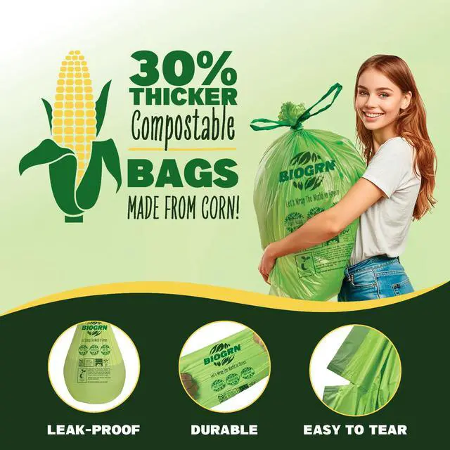 Alt view image 5 of 7 - 10-13 Gallon Compostable Trash Bags Drawstring 30 Bags Heavy Duty Extra Thick 1 Mil 49.21 Liter Biodegradable Trash Bags Compost Bags Green for Kitchen ASTM D6400 US BPI and OK Compost Home Certified