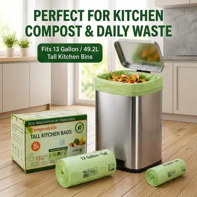 Alt view image 2 of 7 - 13 Gallon Compostable Trash Bags, 50 Count, 0.9 Mil Extra Thick Tall Kitchen Bags for Food Waste & Compost, BPI ASTM D6400 & OK Compost Home Certified
